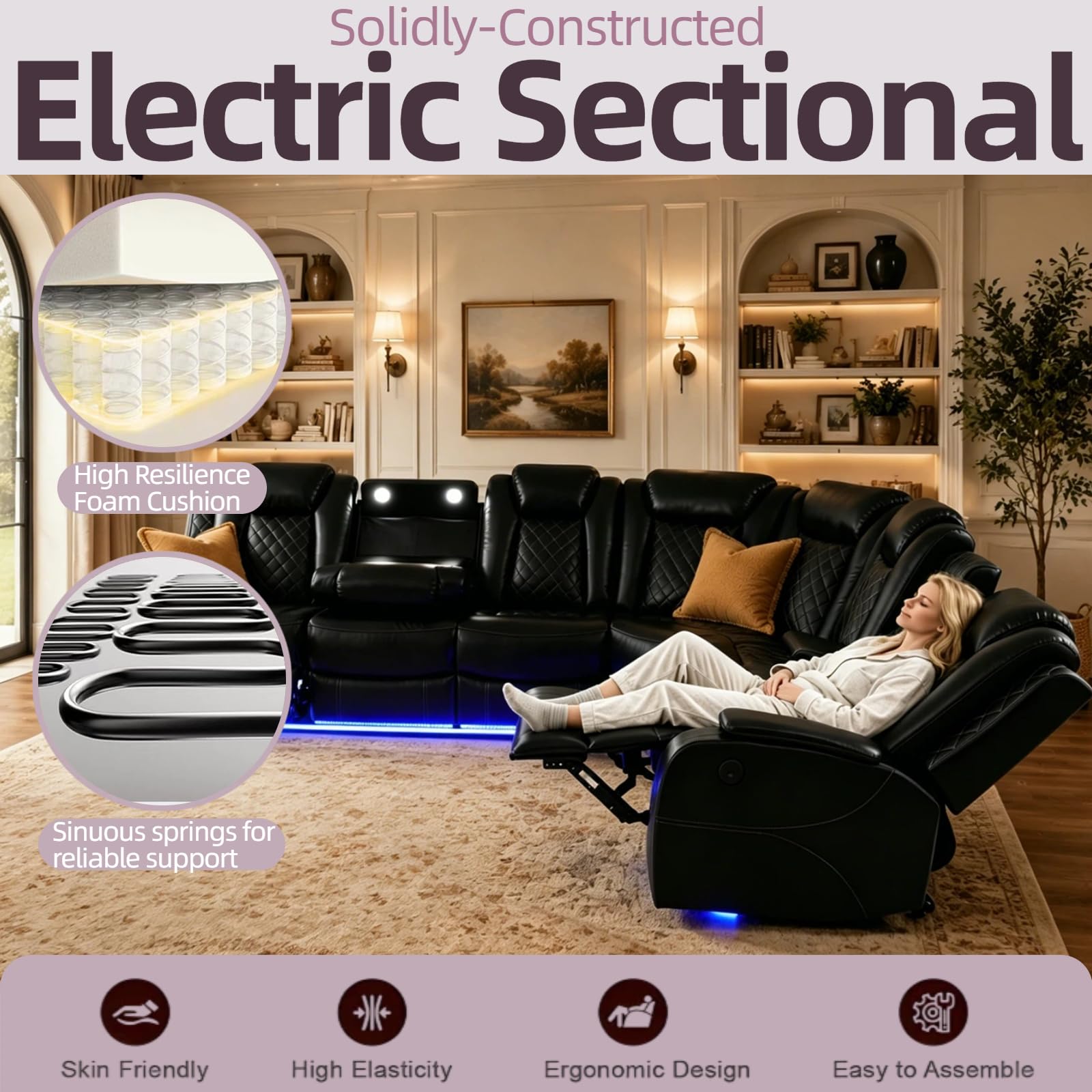 Leather Power Reclining Sectional Sofa Set with Bass Speakers & USB Ports view 7