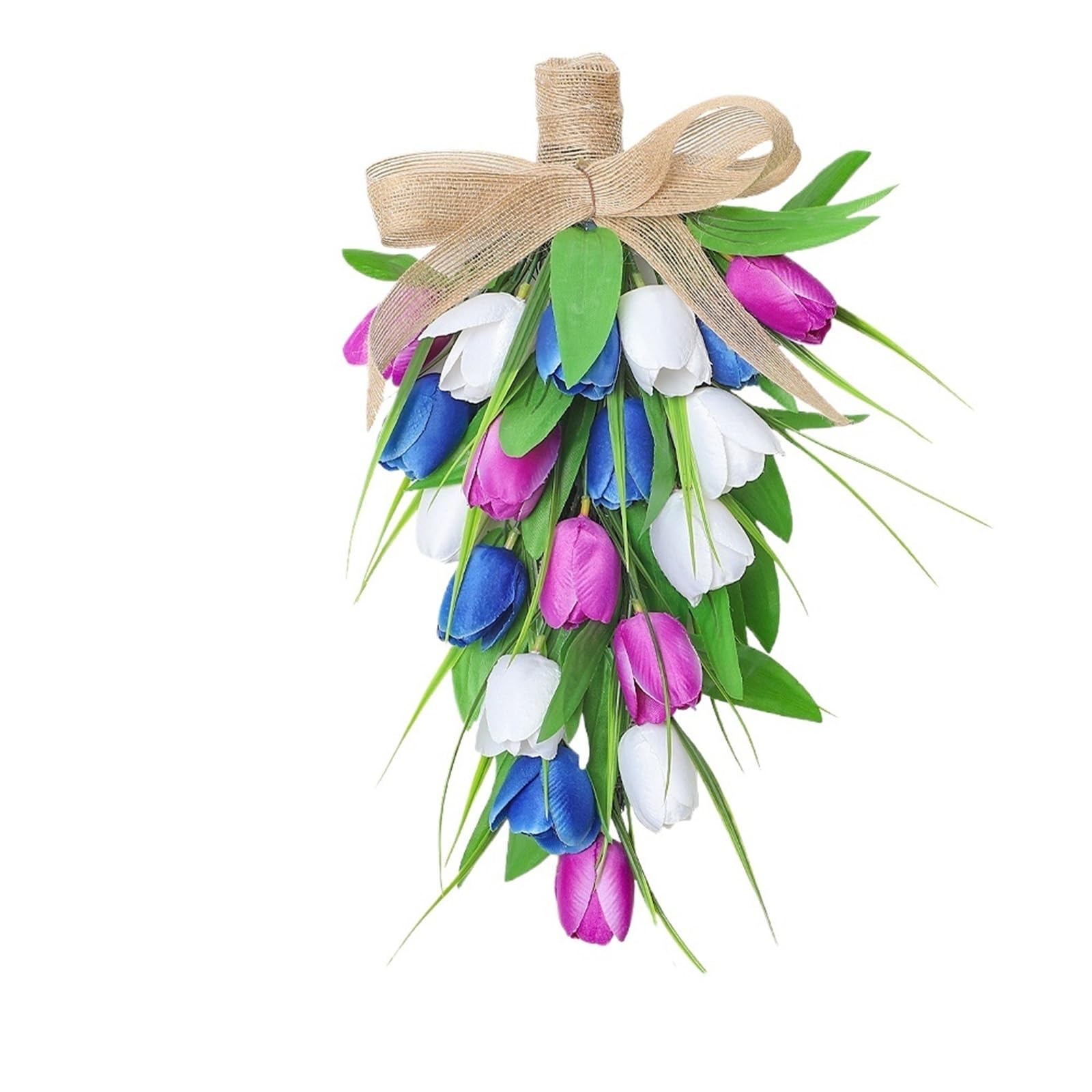 Door Wreath 2pcs Handmade Artificial Tulips Flowers Teardrop Swag With Burlap Bow Spring Easter Wreath For Front Door Decor(White Blue)