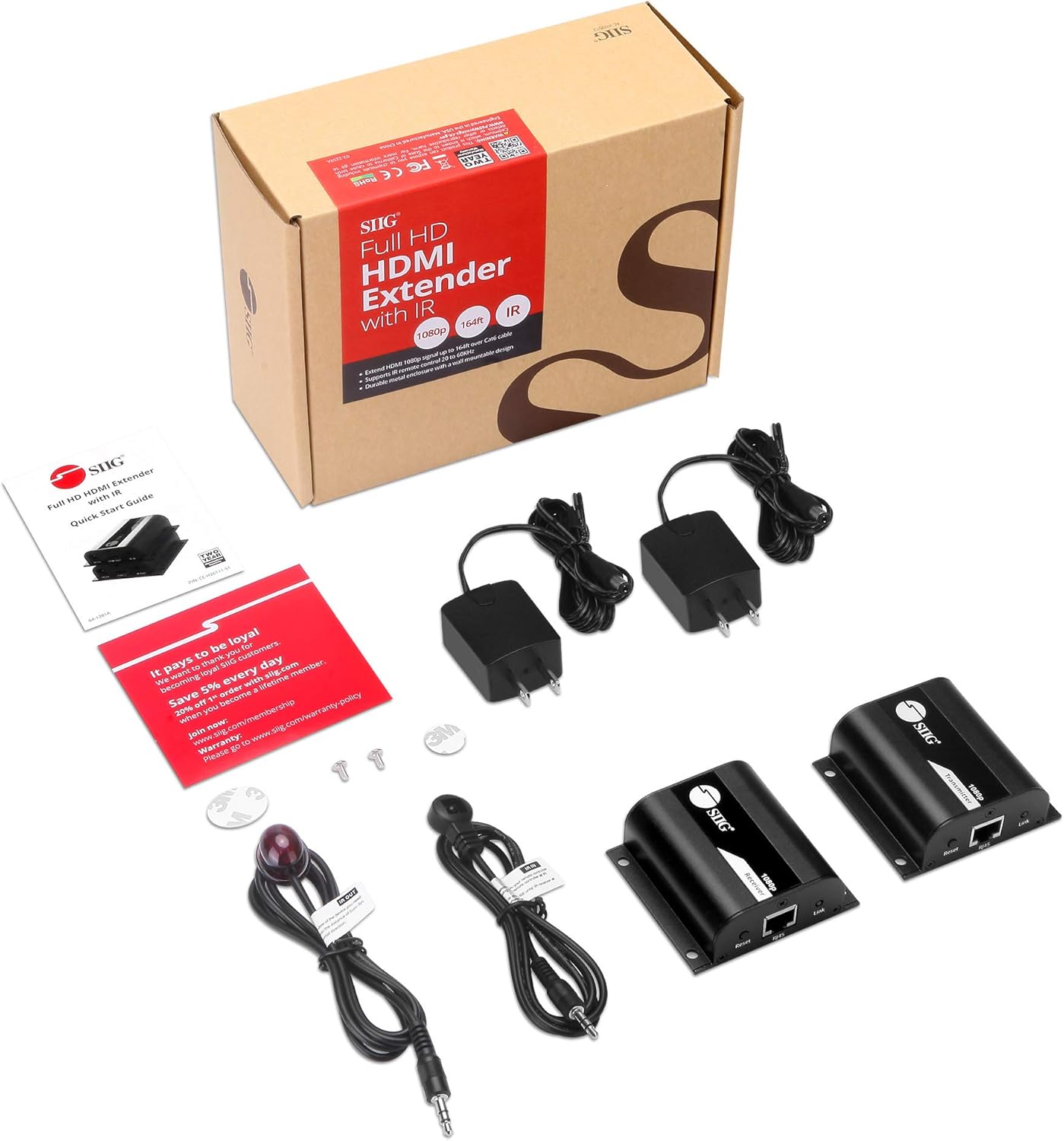 SIIG 1080p HDMI Extender Over Cat5e/6 165ft - HDMI Ethernet Extender, IR Extension, Low Latency, Mount Bracket, TX & RX Balun Kit (CE-H26111-S1)
