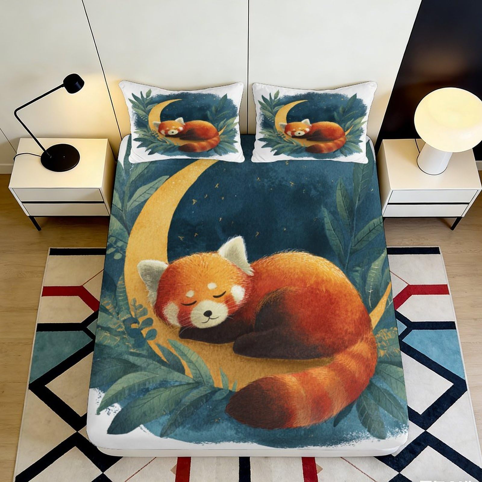 3D Printed Red Panda Fitted Sheet Microfiber Soft Breathable Moonlight Bed Cover for Bedroom Dormitory Guest Room Mattress Protection Decor 120x200x25cm