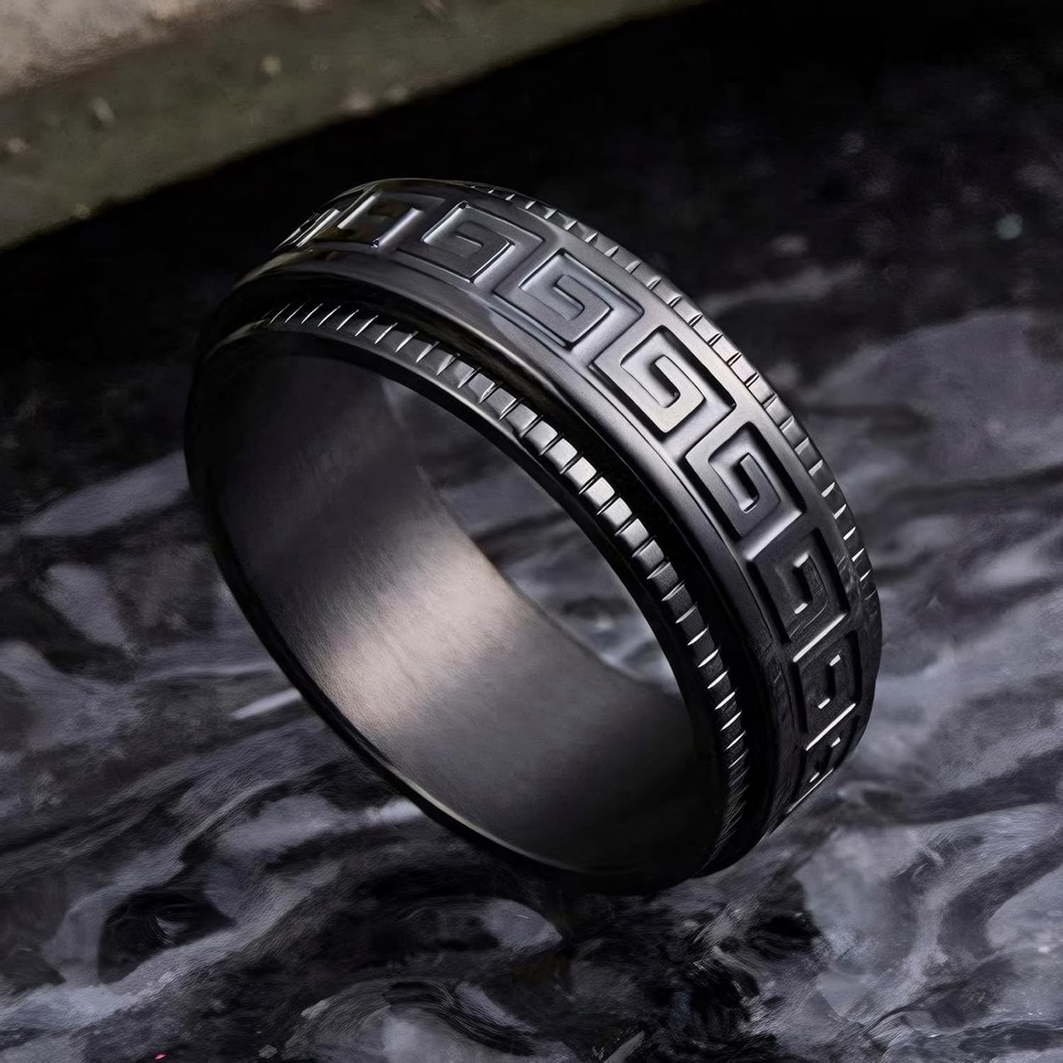 MMTTAO Men's Spinner Anxiety Ring Black/Silver/Blue 8MM Titanium Anxiety Relief Fidget Ring Greek Key Center Spinner Wedding Engagement Bands Matte Brushed Grooved Stepped Edges Comfort Fit Size 5-14