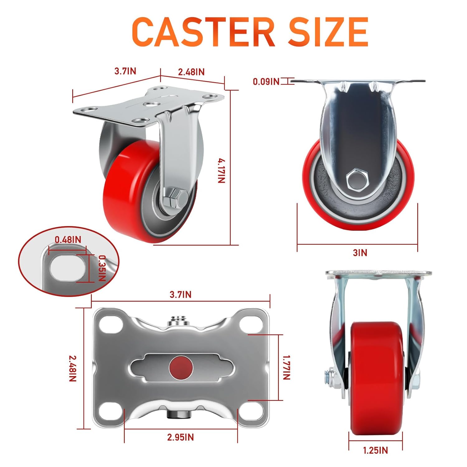 3 Inch Caster,Heavy Duty Caster Wheels Set of 4,Load 1400 Lbs,Polyurethane Steel Wheels,Noiseless Swivel Casters for Trolleys,Furniture,Toolboxes(2Swivel&2Rigid)