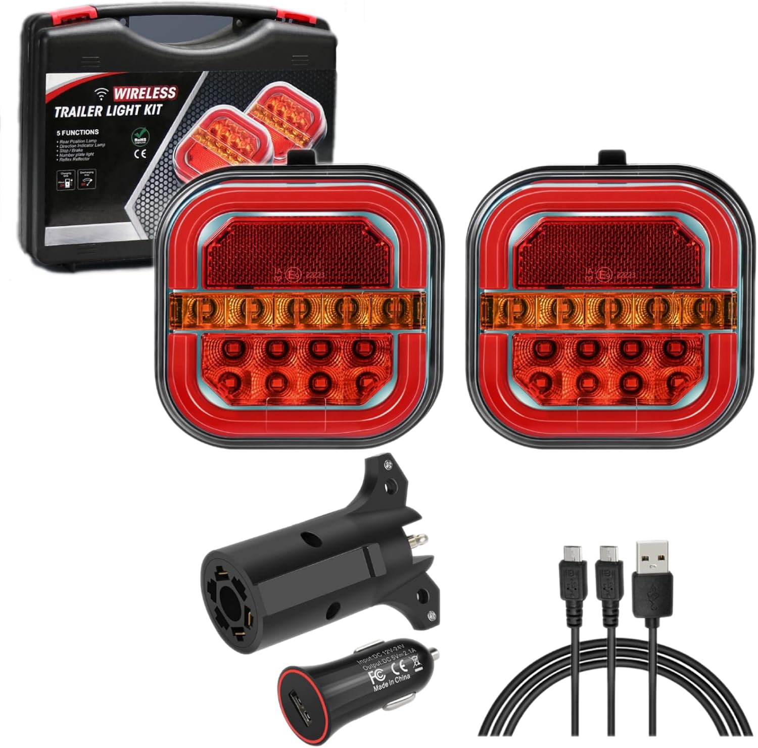 Wireless Trailer Lights for Towing, Rechargeable LED Tail Light Kit for Tow Truck, Magnetic /Screw Fixed, Waterproof for Boat Utility RV Camper Jet Ski Caravan (4 Way Connector)