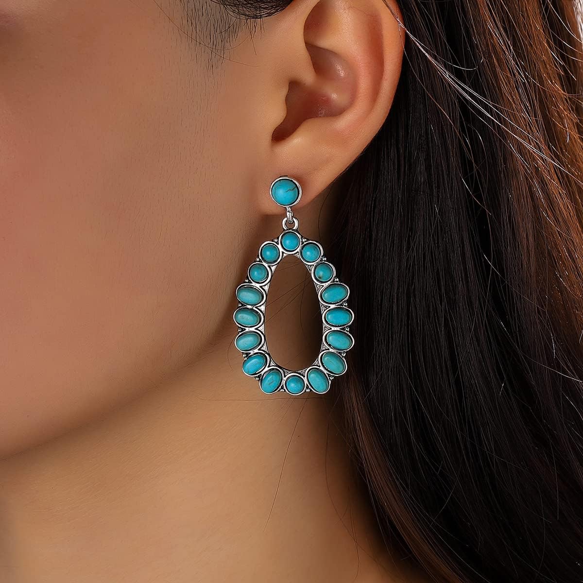 Western Turquoise Earrings for Women Vintage Oval Boho Turquoise Earrings Flower Teardrop Statement Earring Country Concert Outfits Boho Jewelry Bohemian Cowboy Cowgirl Accessorie - Image 2