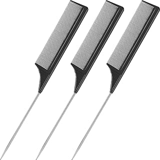 Leinuosen 3-Pack Carbon Fiber Rat Tail Teasing Combs with Steel Pintail - Heat-Resistant, Anti-Static for Styling & Backcombing (Black)