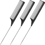 Leinuosen 3 Packs Rat Tail Comb Steel Pin Rat Tail Carbon Fiber Heat Resistant Teasing Combs with Stainless Steel Pintail (Black)