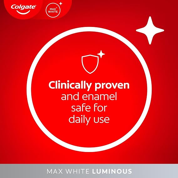 Colgate Max White Luminous Teeth Whitening Toothpaste 125ml, Removes Up to 100% of Surface Stains, Thoroughly Cleans All Around, Helps Prevent Future Discolouration, Enamel Safe for Daily Use