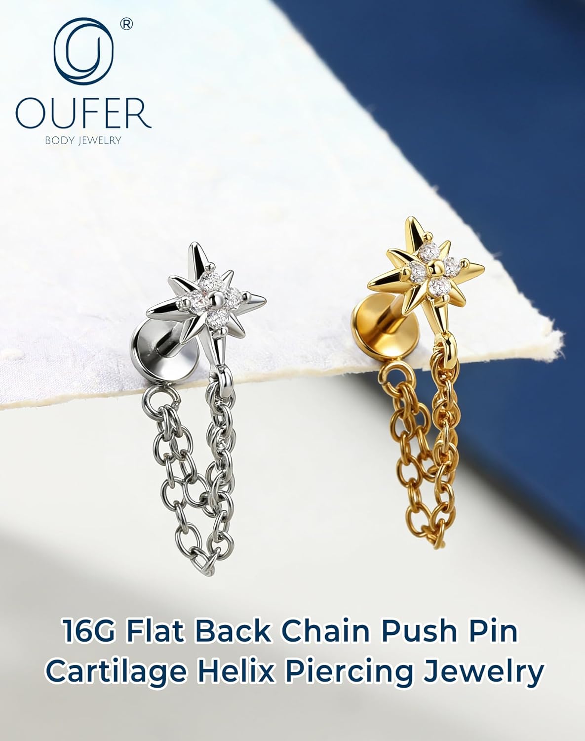 OUFER 16G Chain Cartilage Piercing Jewelry-316L Surgical Steel Gold Flat Back Push Pin Helix Earring, Star Clear CZ Double Chain Lobe Piercing Jewelry - Image 3