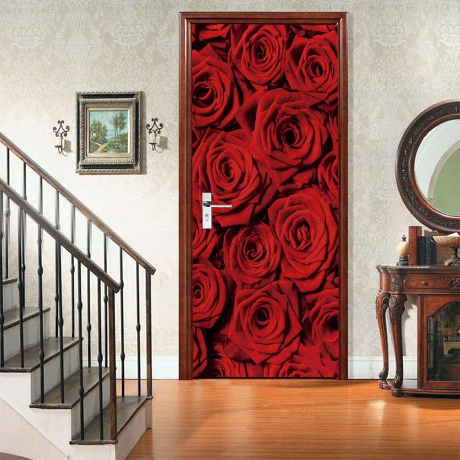 A.Monamour 3D Door Stickers for Interior Doors Red Roses Background Vinyl Removable Self Adhesive Door Poster Wallpaper Mural Decals for Bedroom Office Bathroom 77x200cm