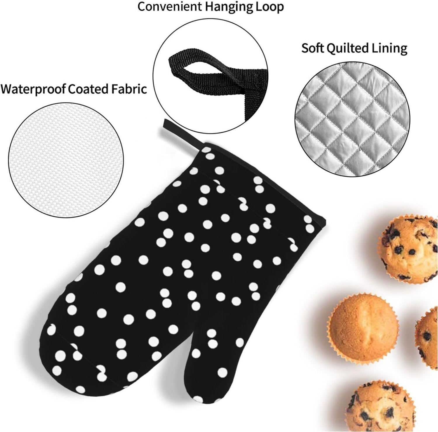 (Black White Polka Dots) Baking 4-Piece Set: 2 Oven Mitts and 2 Pot Holders Heat Resistant Waterproof Hanging Loop for Kitchen Oven Grill Housewarming Gifts