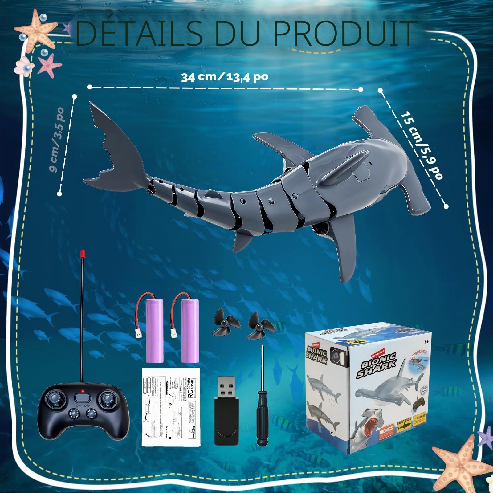 Requin Télécommandé 2.4 GHz RC Étanche avec Lumières LED pour Piscine, Baignoire (Gris)