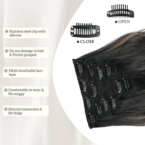 Miniatura 5 de Fliace Extensiones de cabello con pinzas, 6 piezas de cabello natural y suave y mezcla bien con extensiones onduladas largas (20 pulgadas, 6 piezas,