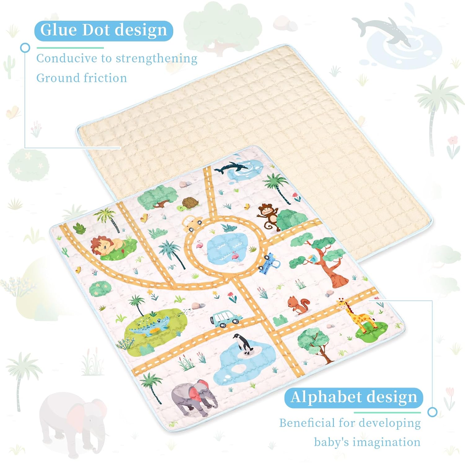 Baby Mat Non-Slip 50x50 for Floor, GFU Thick One-Piece Crawling Mat, Foldable and Machine Washable for Boys (Animals)