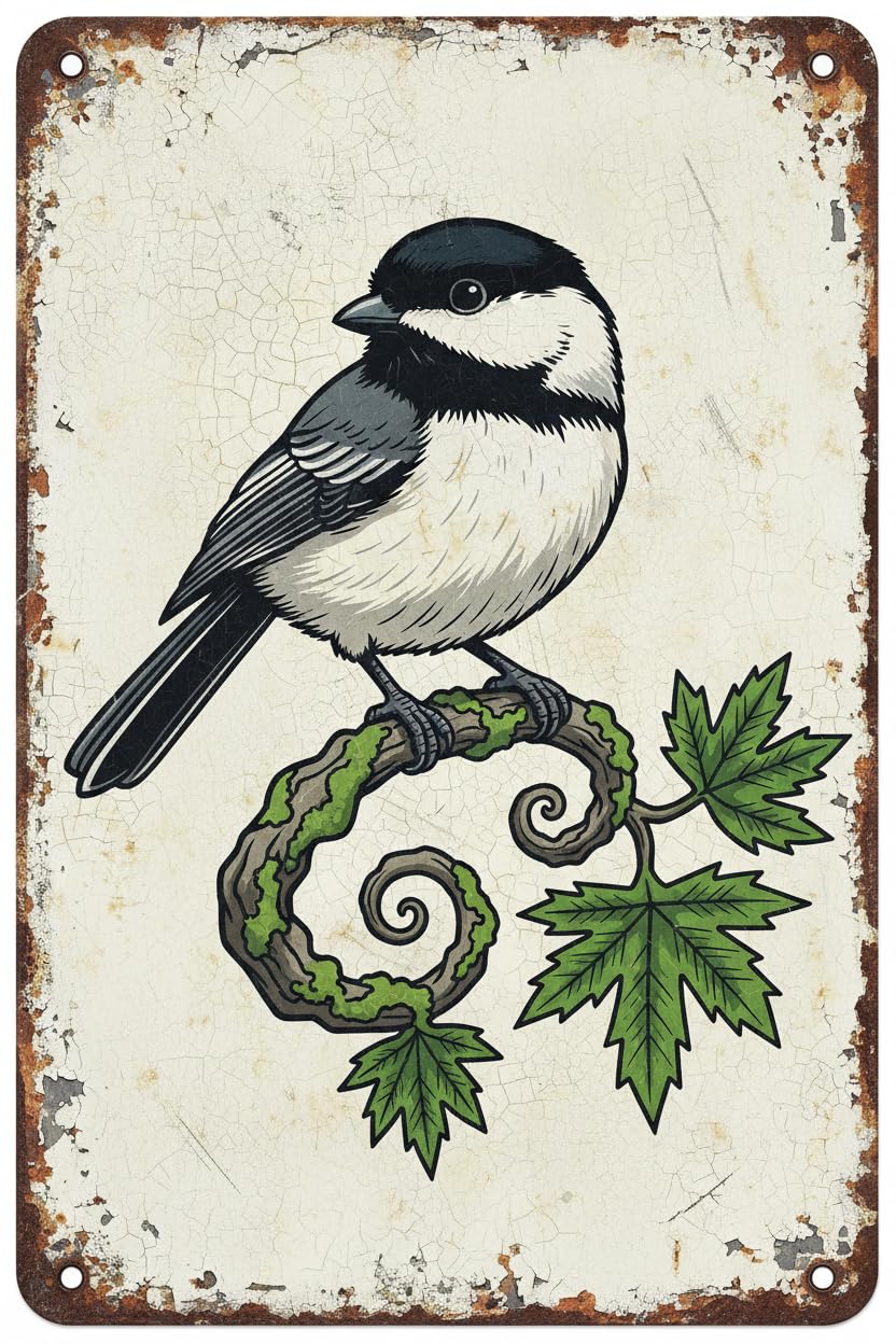 Chickadee Bird Retro Wildlife Tin Sign, 8x12 Inch