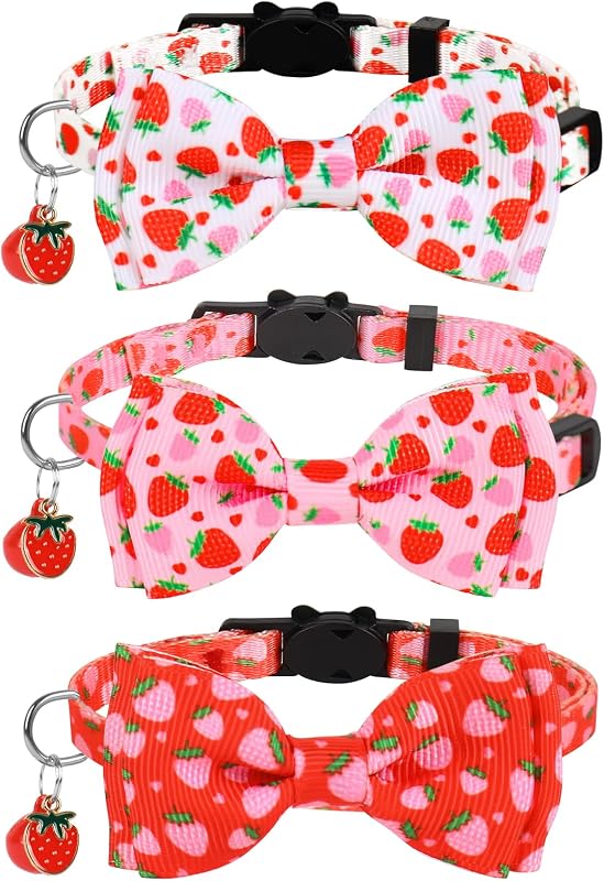 Coleira para Gatos com Estampa de Morango, Laço e Sino Ajustável JarThenaAMCS, Pacote com 3