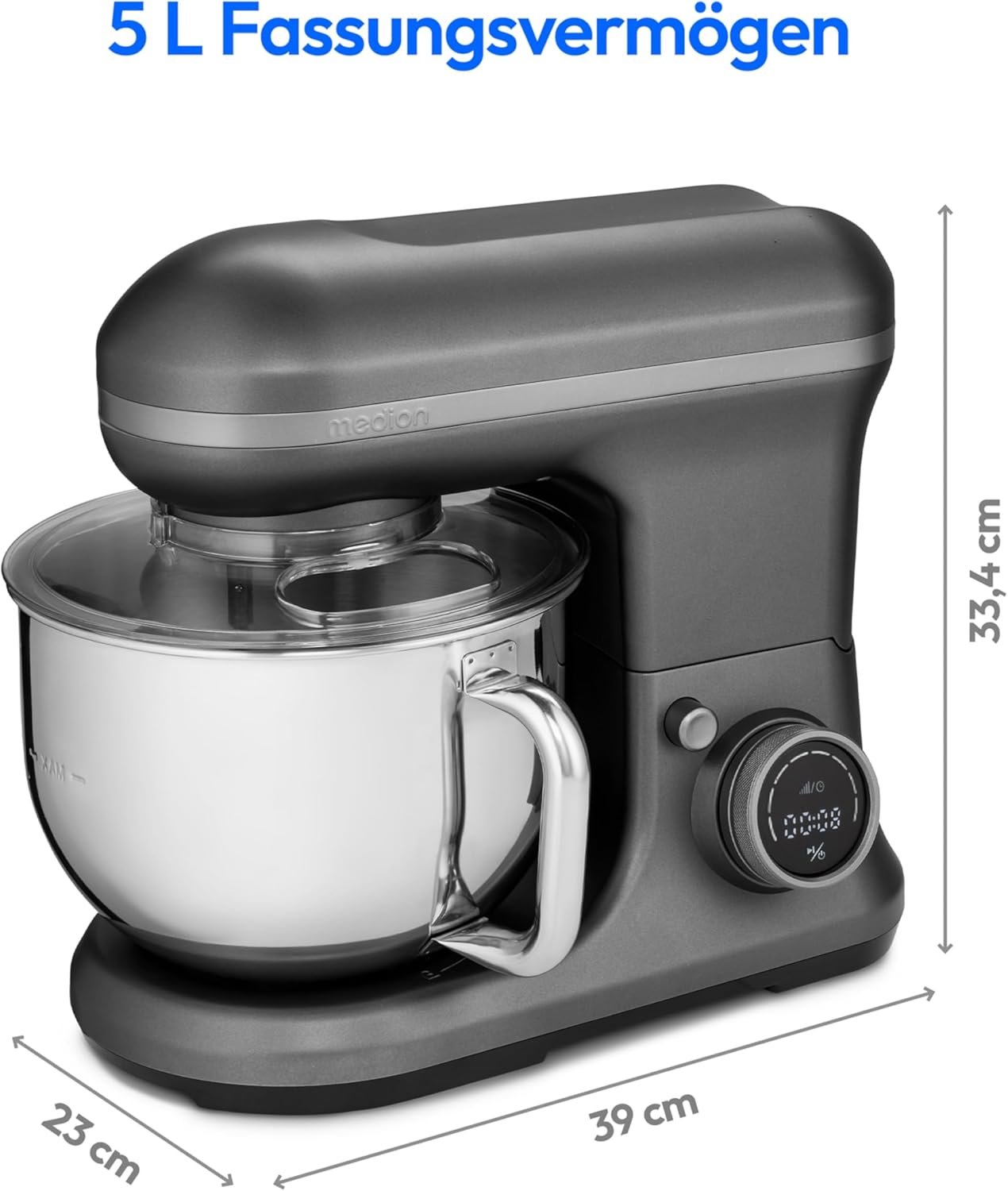 The MEDION MD18420 Kitchen Machine with its dimensions labeled: 23 cm depth, 39 cm width, and 33.4 cm height, highlighting its 5L capacity.