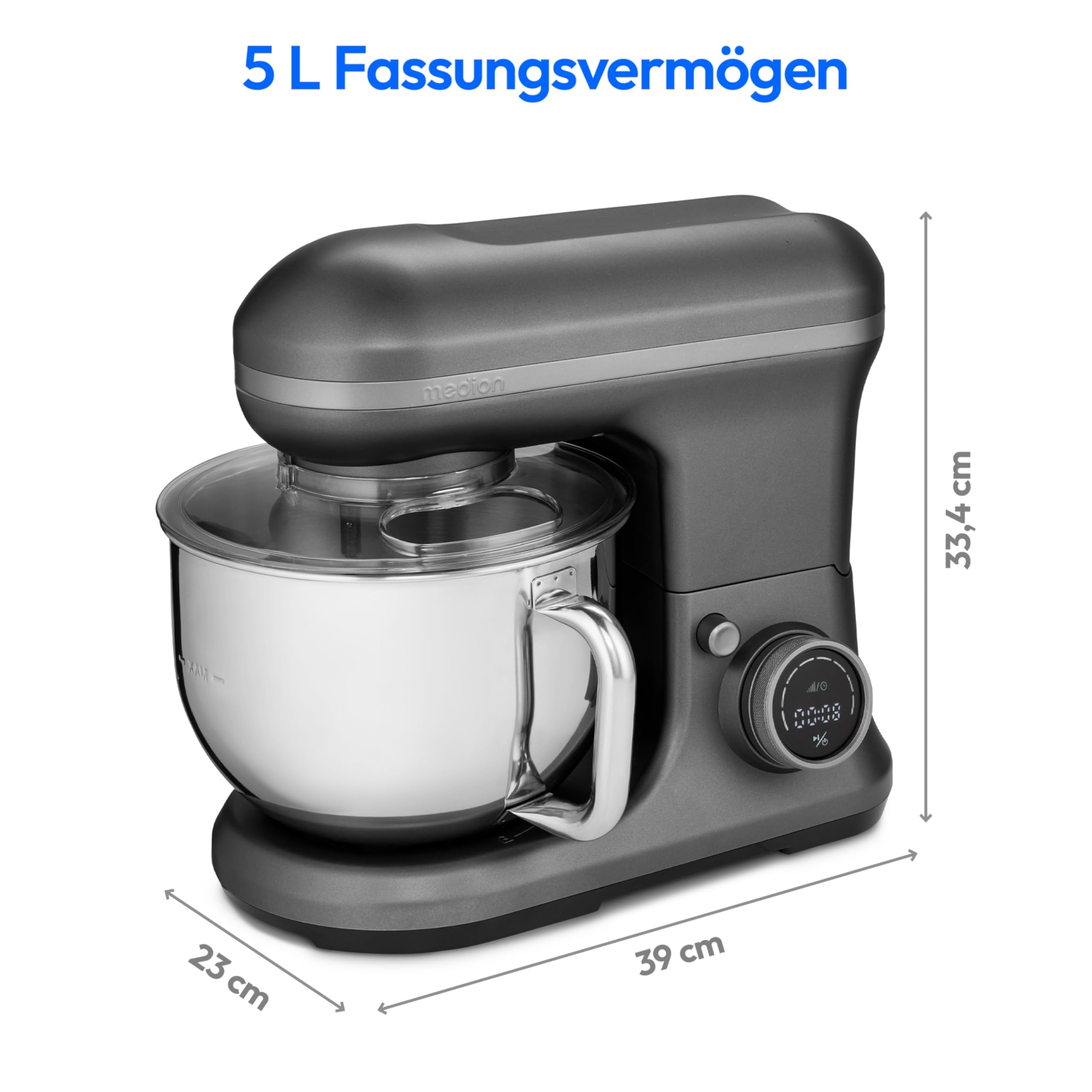 MEDION Küchenmaschine (5 Liter Edelstahlschüssel, 1.200 Watt, Eisschüssel für Zubereitung von Eis, Mischen Kneten Rühren, Digitales Display, Knetmaschine, Teigmaschine, MD18420) Titan