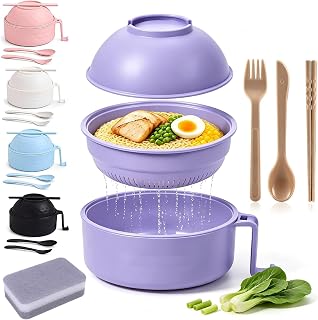 Microwave Ramen Bowl with Strainer, Lid and Handle, BPA-Free，Purple | Includes Spoon & Chopsticks, Includes Fork, Dorm Essential, Noodle Cooker, Microwavable