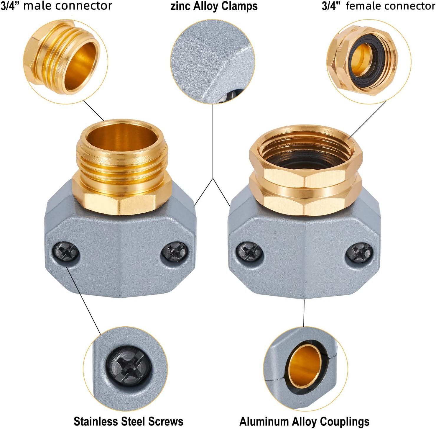 Garden Hose Repair Fittings, Aluminum Mender Female and Male Hose Repair Connector with Zinc Clamp.4 Pack with 4 green washers