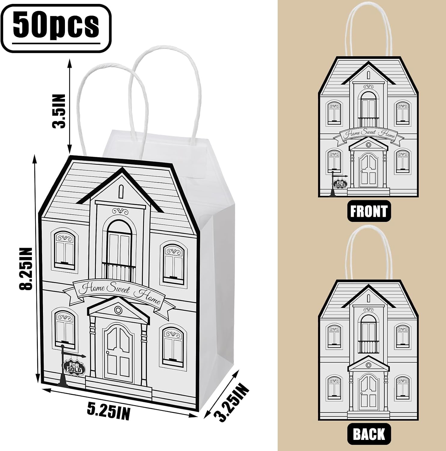 Colarr 50 Pcs House Shaped Gift Bag Real Estate Agent Supplies Real Estate Gift Treat Bag with Handles Kraft for Shopping Business Wedding Baby Shower Birthday Housewarming Home Party Favor(White)