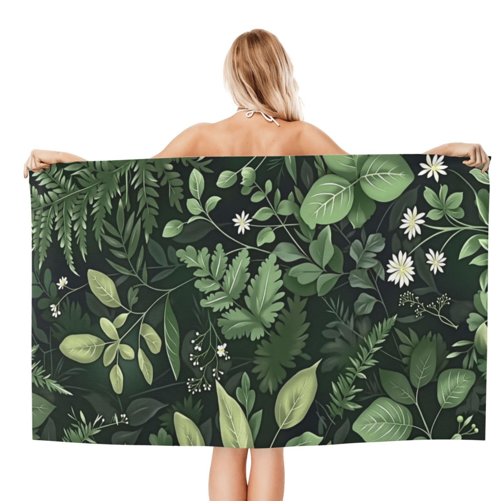 Anceky Beach Towel for Women, Green Leaf Floral Sand-Free Microfiber Ultra Soft Lightweight Bath Towels for Outdoor Bathroom Swimming 32"X52"