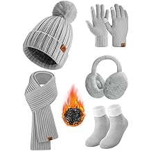 Winter Women Scarf Gloves Beanie Ear Muffs Socks Set Cold Weather Warm Knit Hat Fleece Long Neck Warmer 5 in 1 Set