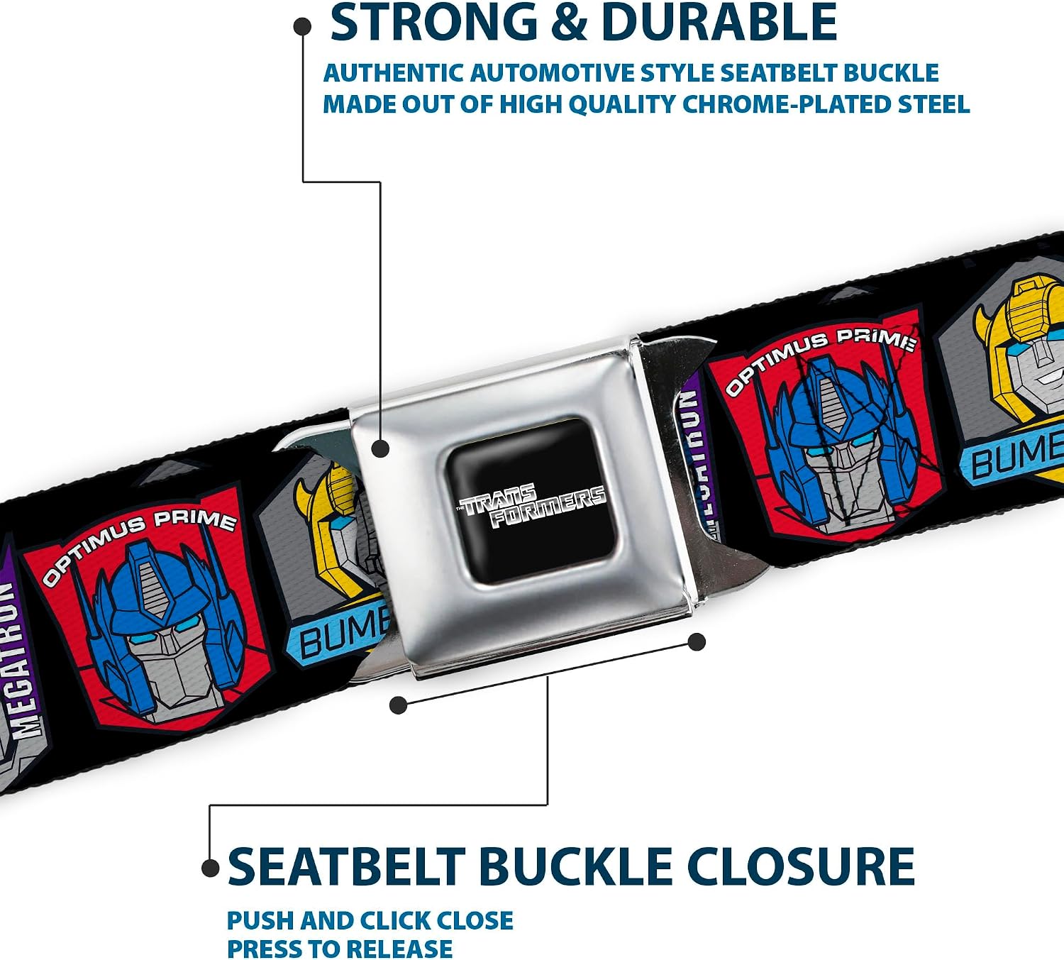 Transformers Belt, Seatbelt Buckle Belt, Transformers Character Trio Face and Name Icons Multi Color, Adjustable