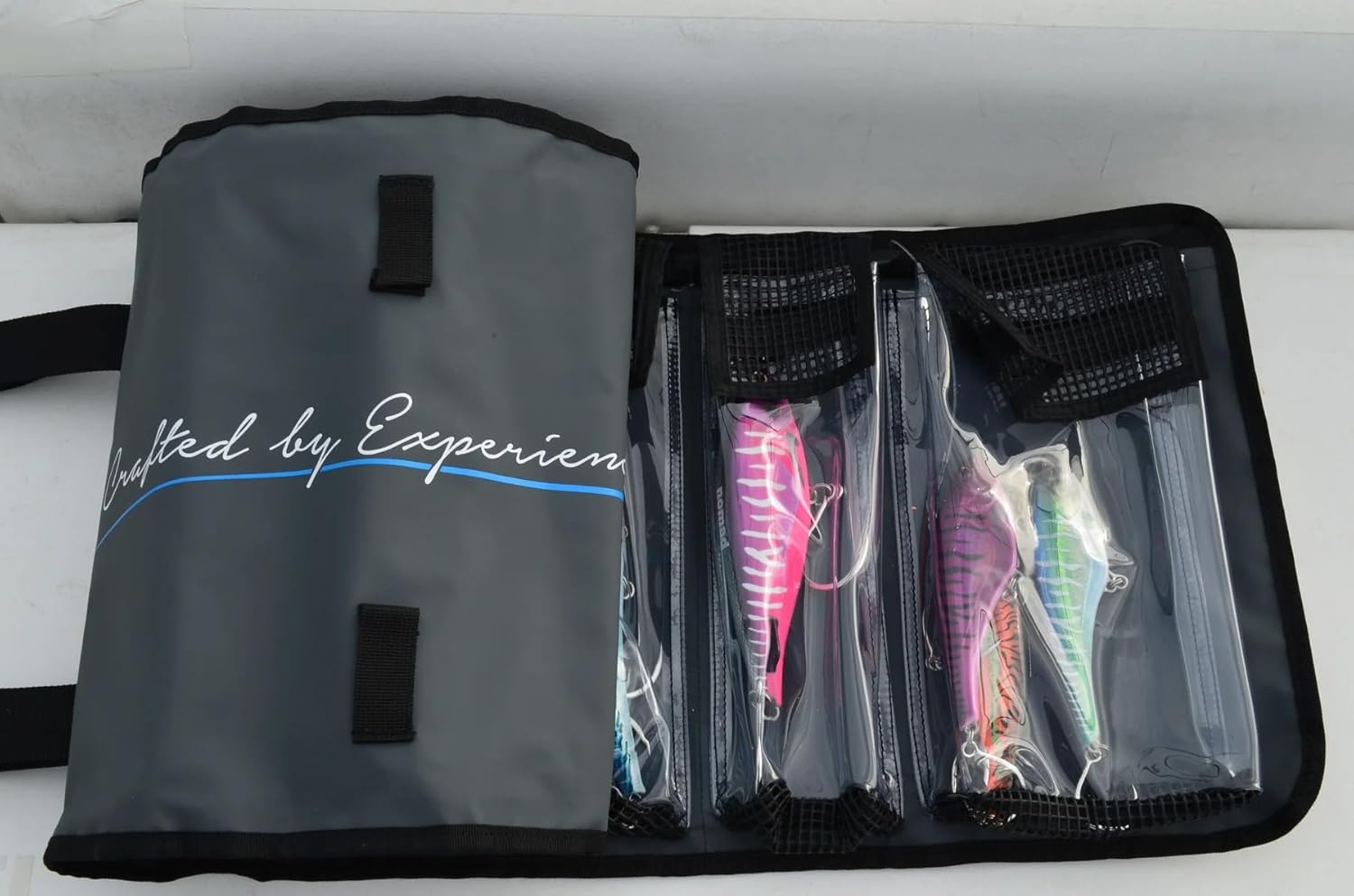 Nomad Design Lure Roll - Large Size with 10 Pockets Respectively, Portable Waterproof Tarpaulin Fish Lure Bag - Heavy Duty PVC Window, Mesh Cleaning & Drying Tabs