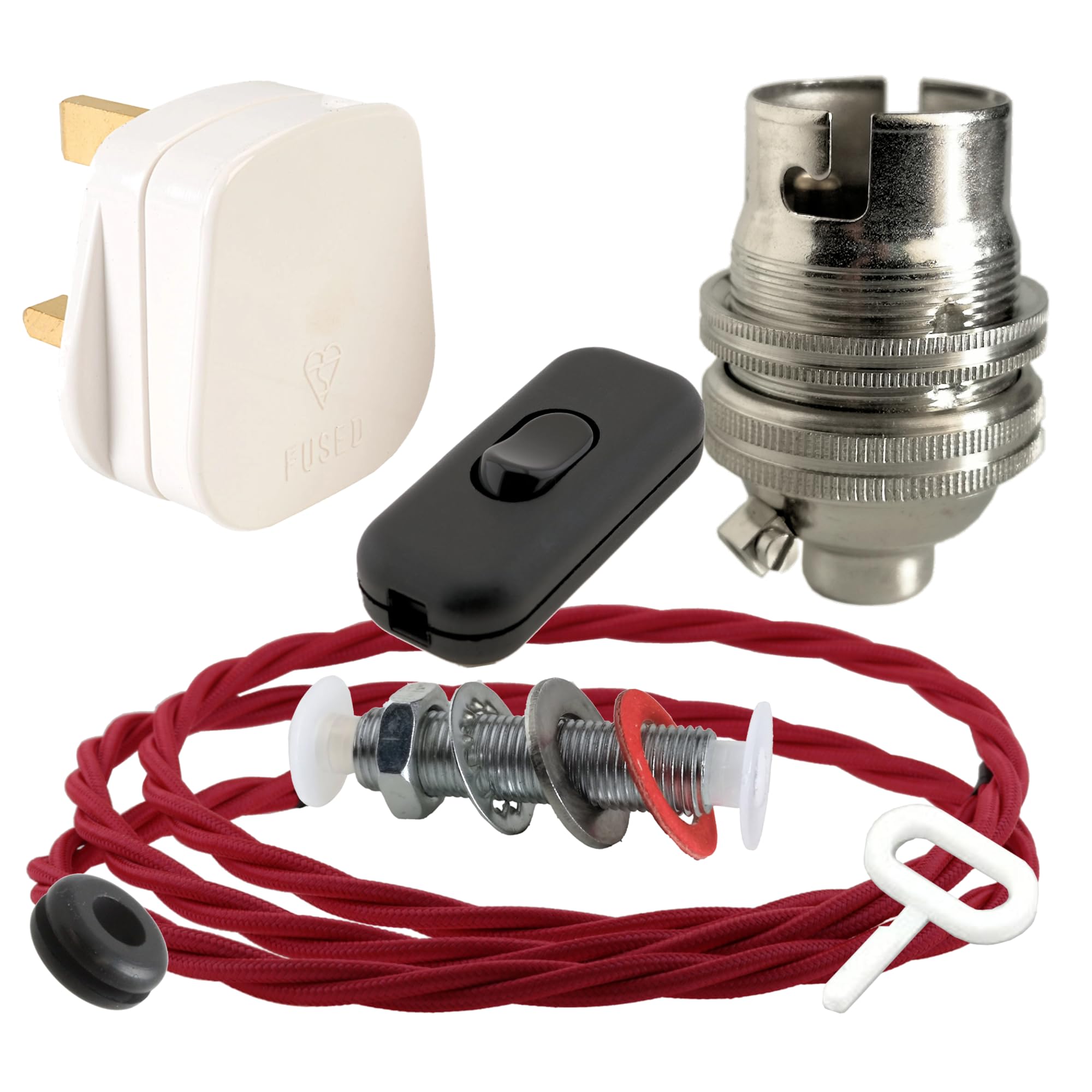 Art Deco Emporium Lamp Repair and Servicing Kit|White Plug|Bright Red Flex|Black Switch|B22 Chrome Finish Lamp Holder
