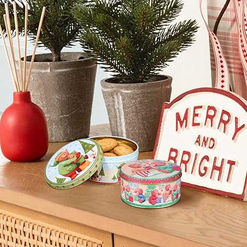 Vista 9 de Latas de galletas de Navidad con tapas para regalo, paquete de 4 latas redondas de metal para Navidad, caja de dulces de oso de 5.34 pulgadas