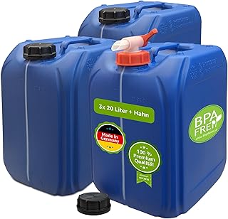plasteo® 3 bidones de agua para bebidas de 20 litros con 1 grifo y 3 tapas de rosca (DIN 61), apto para alimentos, sin BPA, portátil, para interior y exterior, color azul