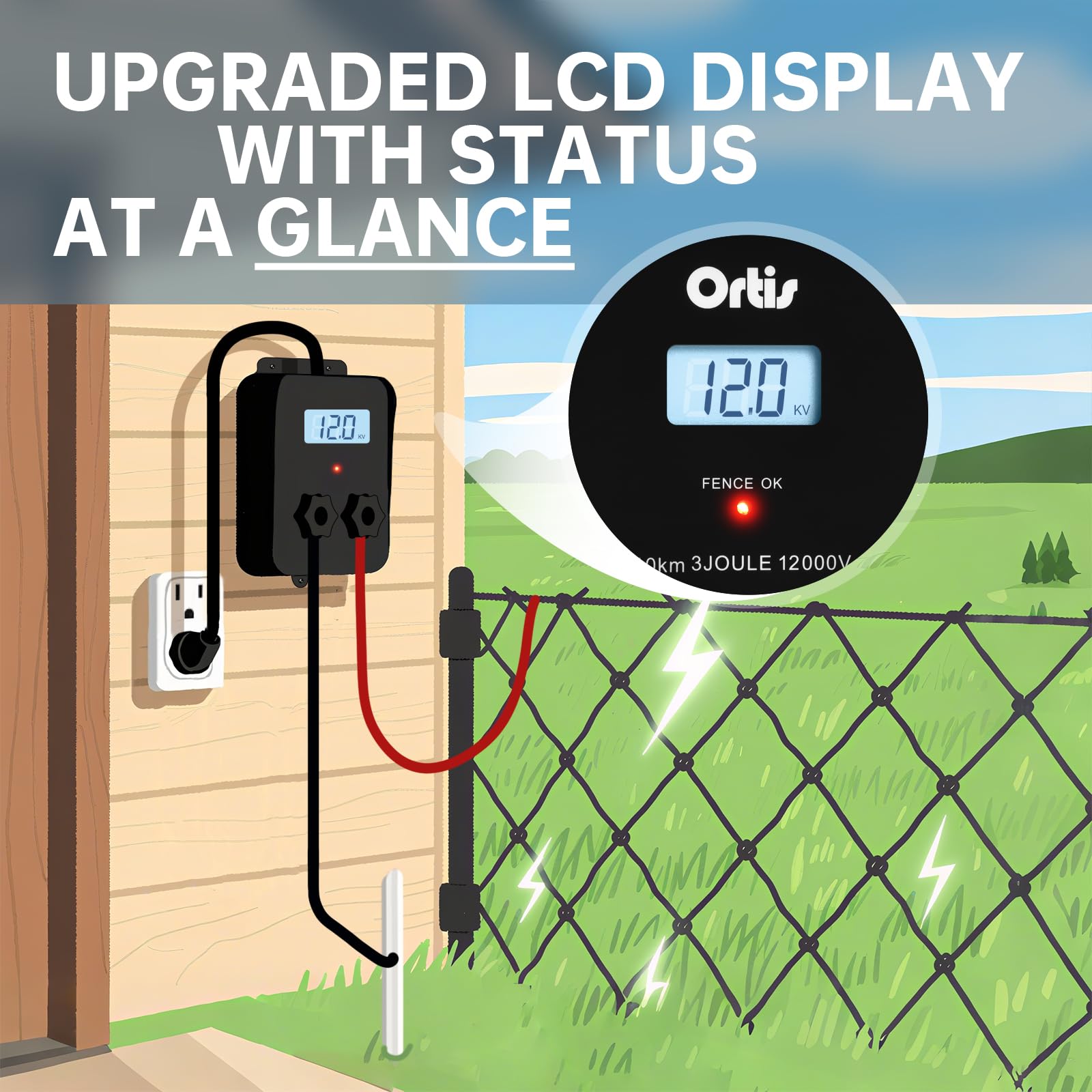 Ortis - Energizador eléctrico para valla con pantalla LCD, 12,000 V, 3 julios de carga eléctrica, rango de 6.2 millas, control seguro y eficaz de animales para protección de ganado, jardín y pastos