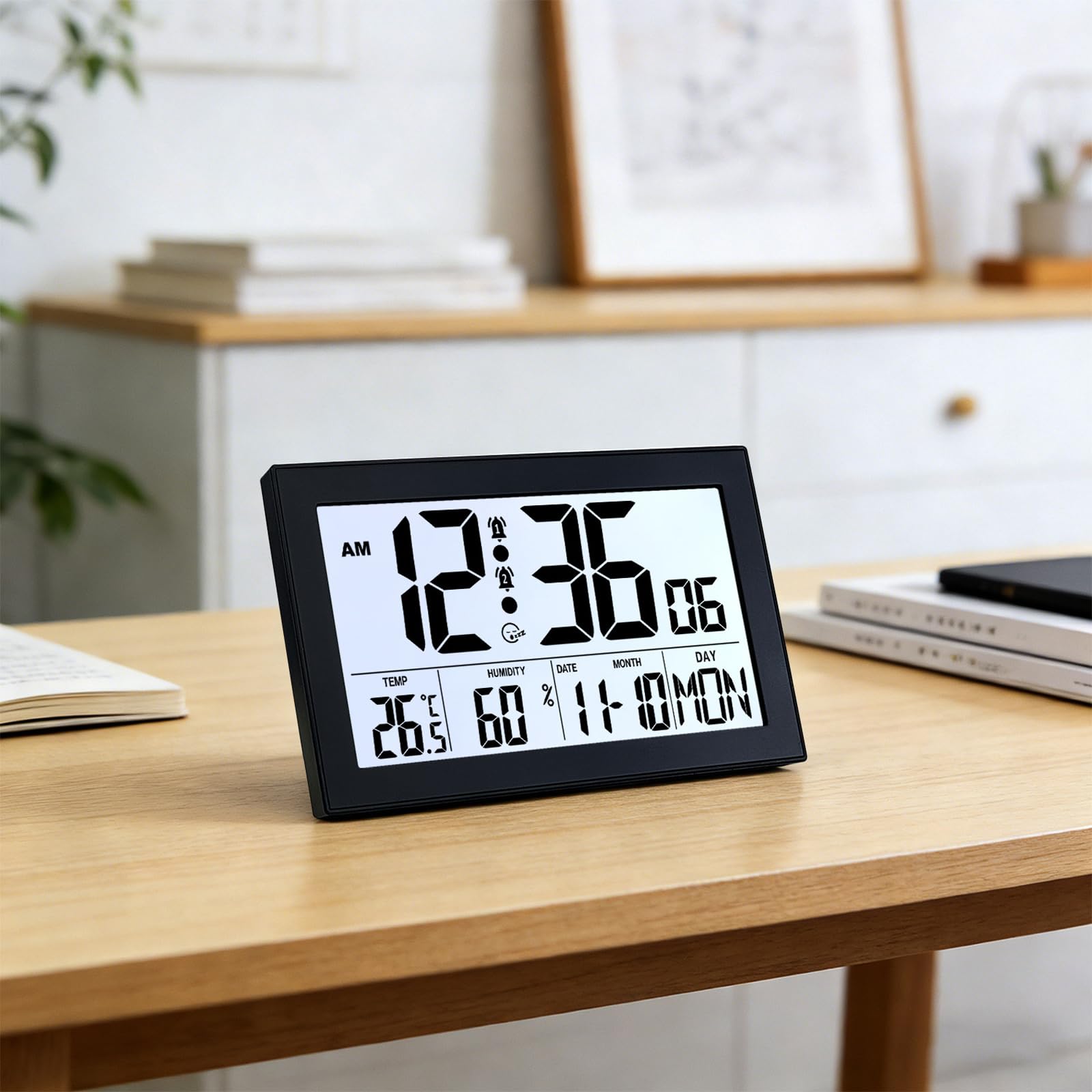 Orologio elettronico con Calendario retroilluminato e Monitor umidità della Temperatura per Camera da Letto, Soggiorno, Orologio da Parete, Contemporaneo da Appendere