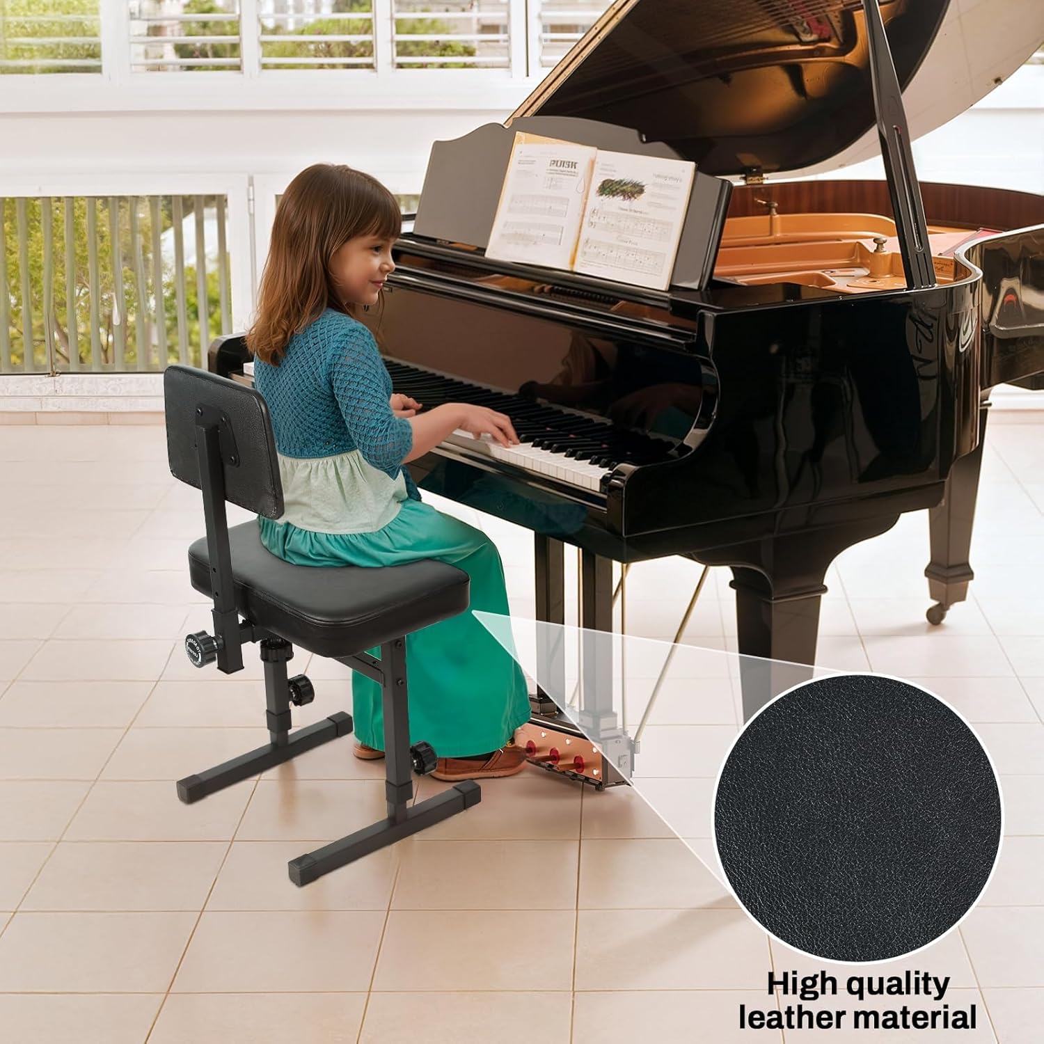 Piano Bench Adjustable Stool – Music Keyboard Bench Seat with Backrest, Height Adjustable 17.72"-22.44", Musicians Pianos Stool Chair for Piano Keyboard Stand Black