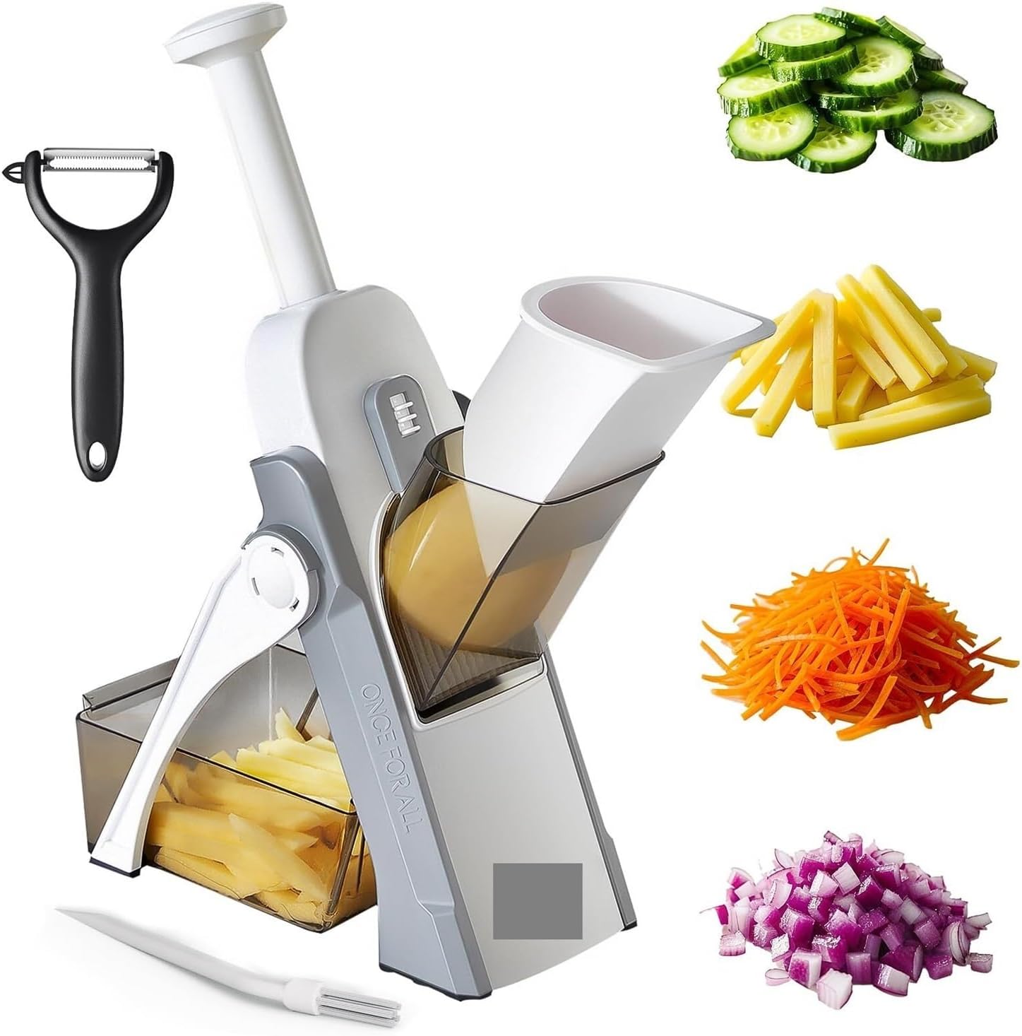 Fit for Safe Mandoline Slicer for Kitchen, Manual Adjustable Thickness Vegetable & Potato Chip Slicer, Fast Veggie Salad Chopper – Light Gray((Slicer+Chopper) Gray)