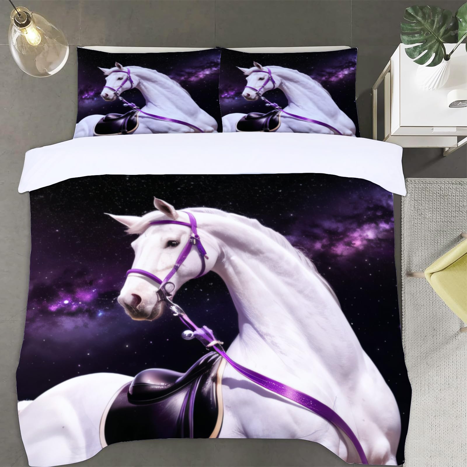 Housse de couette 220x240 cheval blanc microfibre avec 2 taies d'oreiller