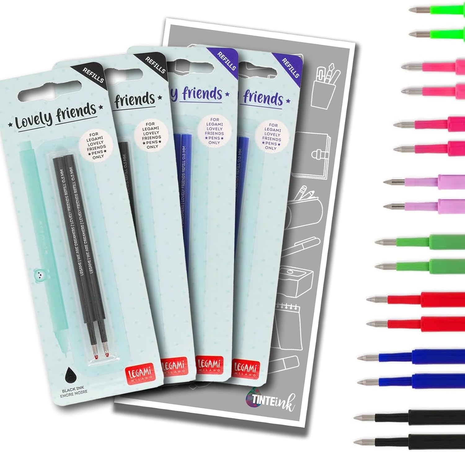 Legami Pen Refills for Lovely Friends Pen Range with Tinte Ink Envelope (Blue & Black x2 (Four Packs))