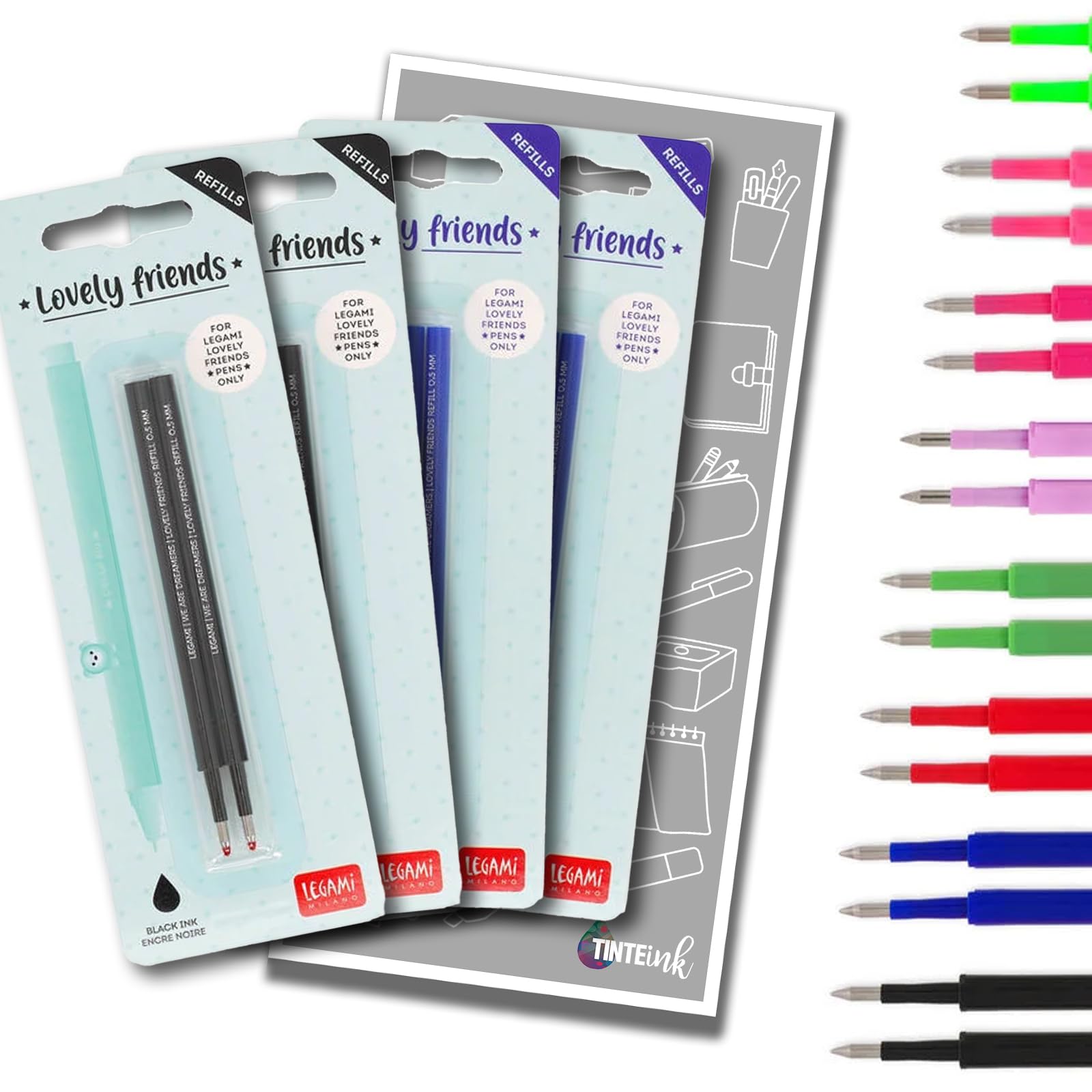 Legami Pen Refills for Lovely Friends Pen Range with Tinte Ink Envelope (Blue & Black x2 (Four Packs))