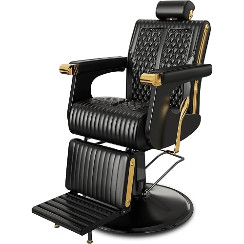 Baasha Black Reclining Barber Chair with Gold Armrest Trim, Comfortable Memory Foam Cushion, Adjustable Headrest, Swivel Base, 440 lbs Capacity
