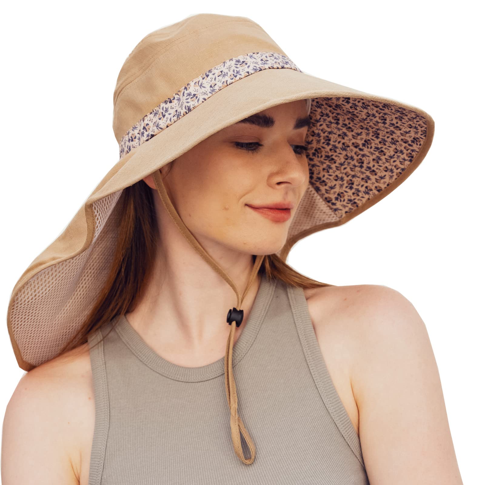 Sun Hats for Women Foldable Wide Birm Boonie Hat Adjustable UV Protection Fishing Hiking Hat with Windproof Tether