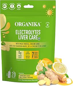 Organika Canadian-Made Electrolytes Liver Care with Milk Thistle, Choline, and NAC - Lemon Honey Ginger Flavour - Liver Support + Protection, Electrolyte Balance, Immune Support, Sugar-Free 6g x 20ct