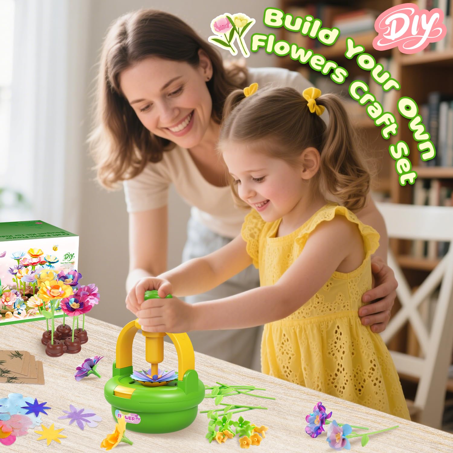 TingingYuli Set di artigianato per bambini dai 4 agli 8 anni, mazzi di fiori di stoffa fai da te, bouquet esclusivi per ragazze dai 3 ai 9 anni e regalo di compleanno (Green)