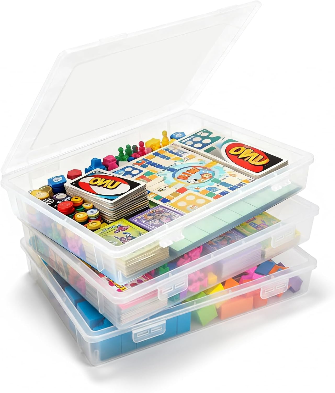 Board Game Storage, 3 Pack Stackable Board Game Storage Containers with Snap Tight Latch Lid, Portable Plastic Case Bin for Games Puzzle Magazine A4 Paper Craft Hobby, Fit 8.5 x 11 Paper