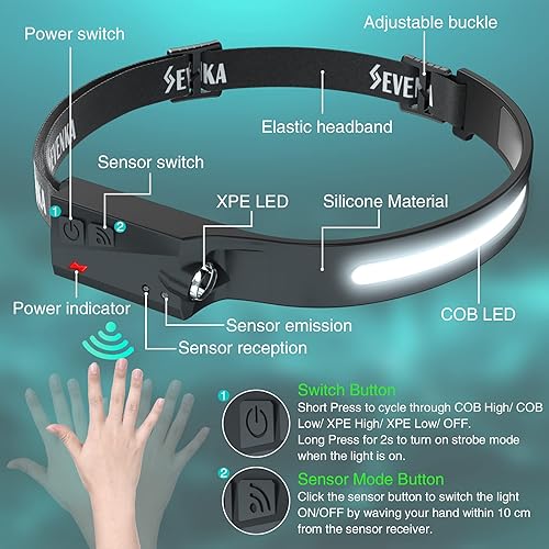 Miniatura 4 de SEVENKA - Linterna LED para faros delanteros, paquete de 2 faros delanteros recargables, 1000 lúmenes de 230 de ancho, modo sensor, lámpara de