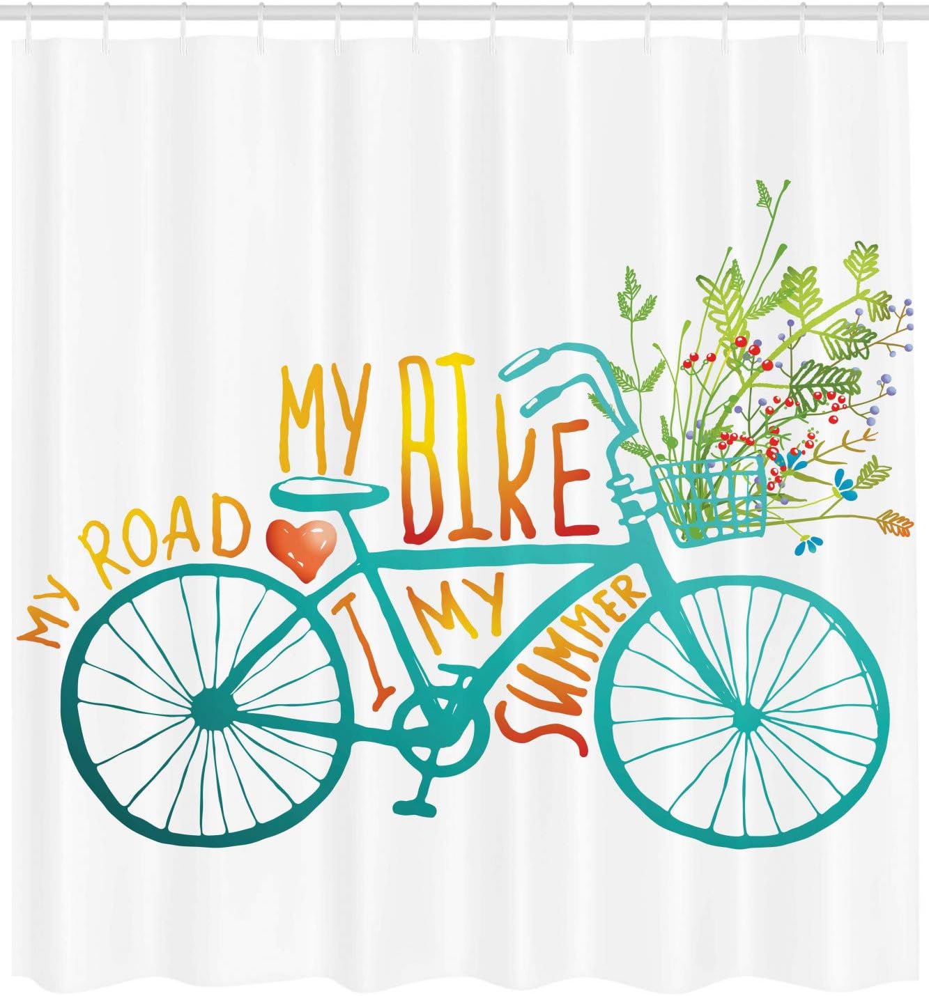 Ambesonne Bicycle Shower Curtain, Vintage Summer Bike a Floral Bouquet Vehicle for Transport Illustration, Cloth Fabric Bathroom Decor Set with Hooks, 69" W x 75" L, Turquoise Yellow