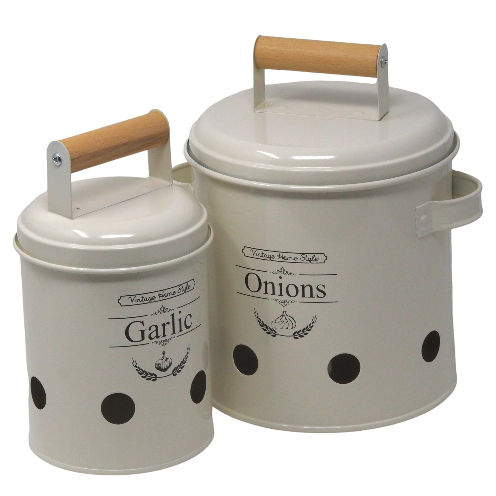Sil Interiors Cream Onion & Garlic Storage Containers Metal Vintage Style With Handles - Set Of 2