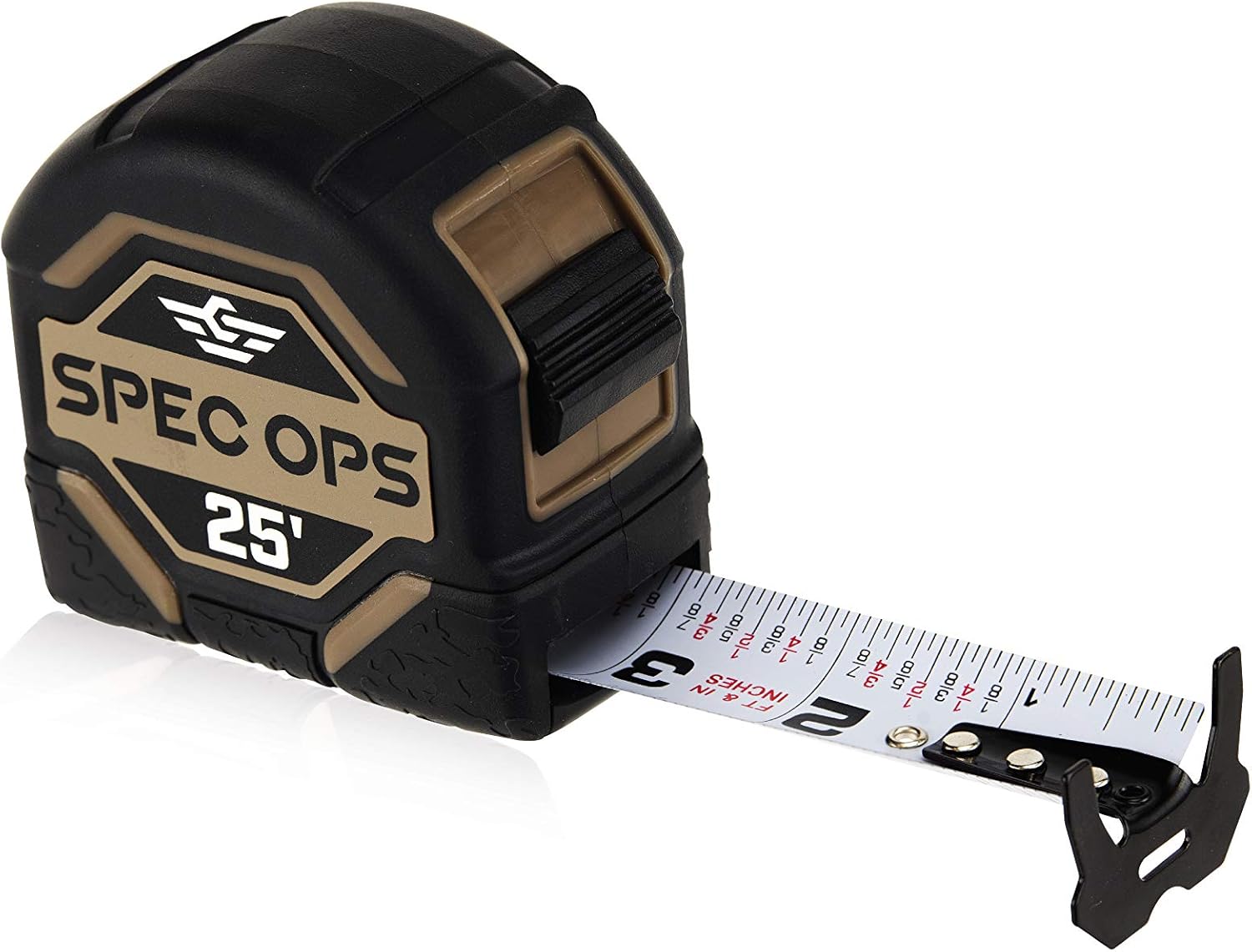 Spec Ops - SPEC-TM25 Tools 25-Foot Tape Measure, 1 1/4" Double-Sided Blade, Military-Grade Composite Case, 3% Donated to Veterans Black/Tan - - 