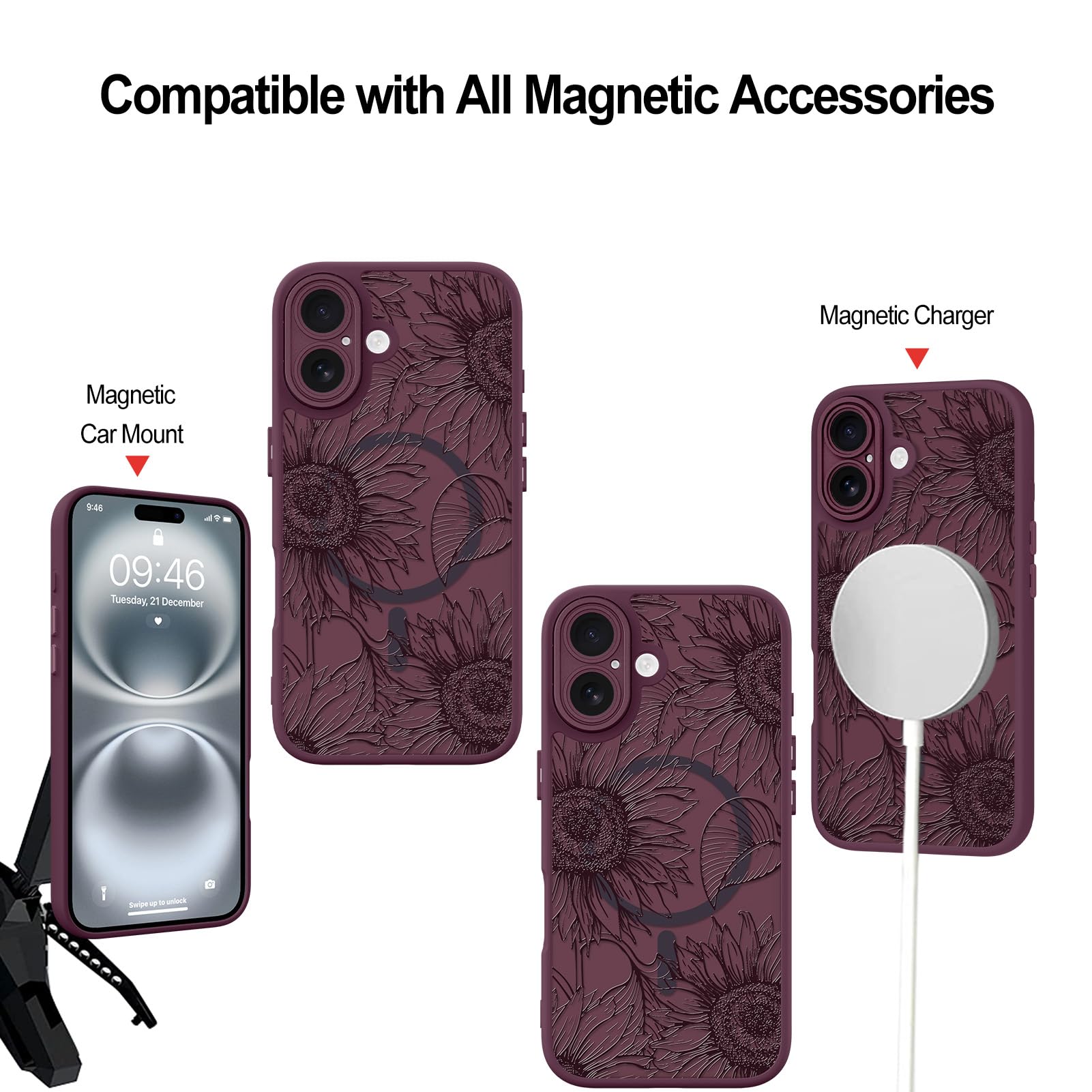 Fiyart Custodia magnetica per iPhone 16 Plus con fiori floreali, girasole