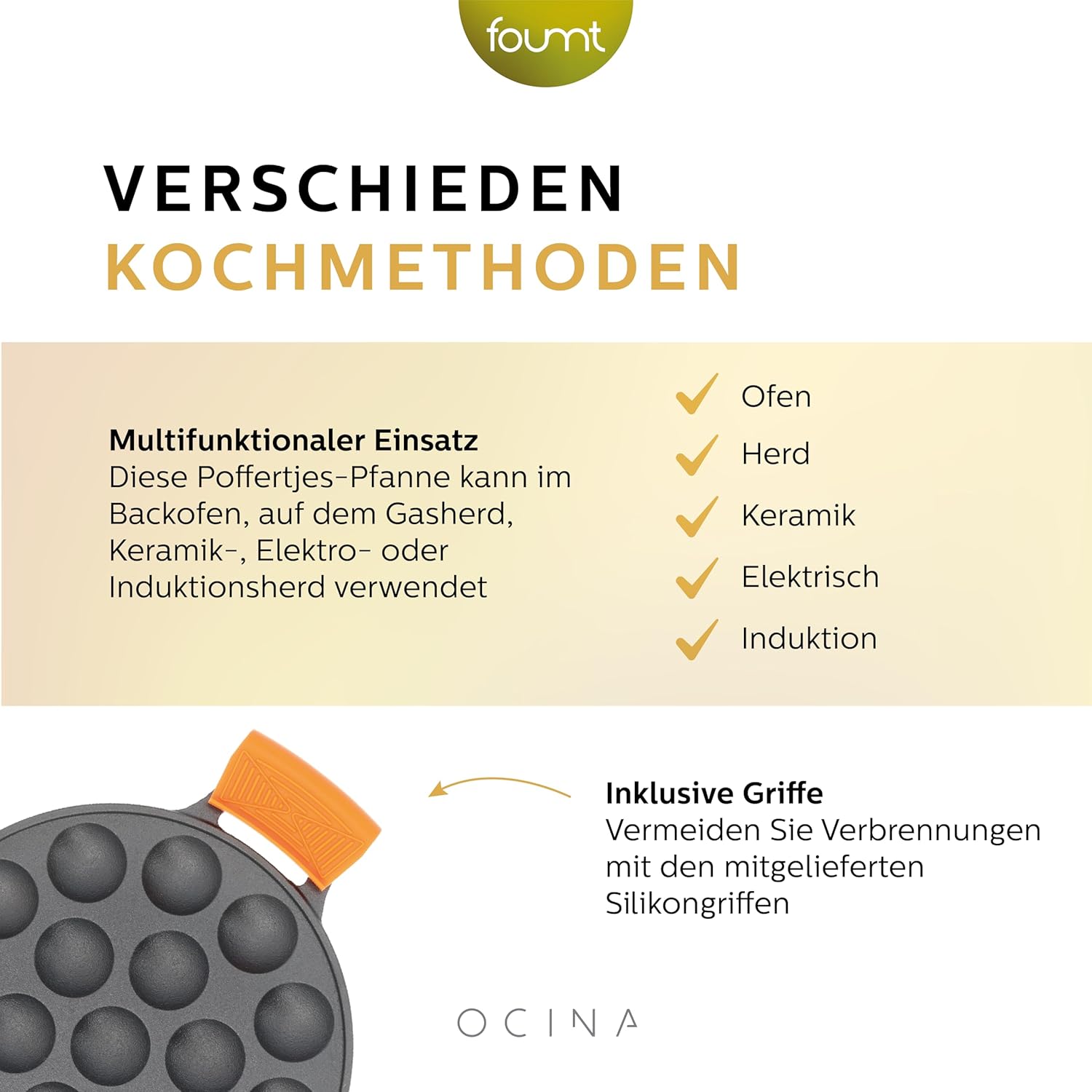 Ocina Poffertjes Pan with orange heat-resistant silicone handles attached