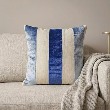 The HomeCentric Decorative Blue Pack of 2, 18"x18" 45x45 cm Throw Pillows, Velvet & Linen Patchwork Throw Pillows for Couch, Striped Modern Style Easter - Velvet Band Blue